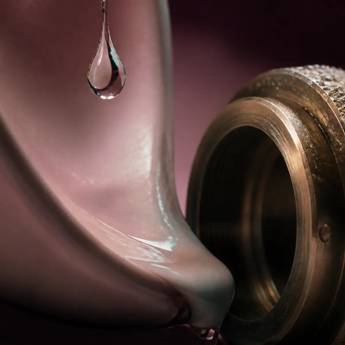 Macrofotografía de una gota suspendida sobre cerámica rosa junto a una unión de latón texturizada